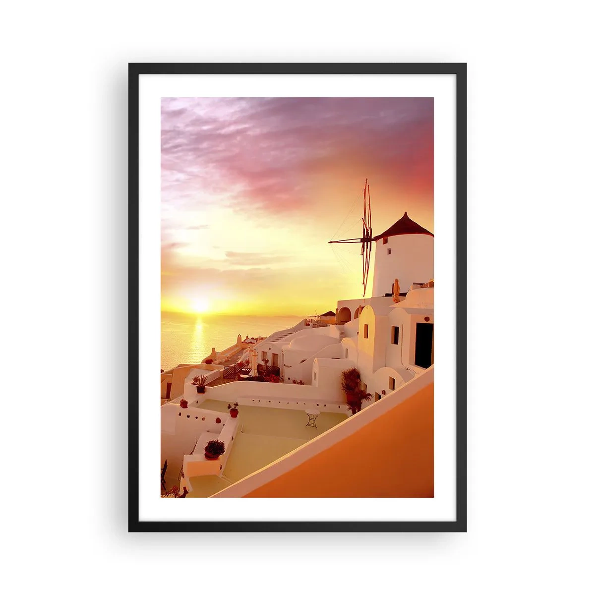 Póster en marco negro - Una pintoresca puesta de sol en un pueblo griego - 50x70cm - Blanco y dorado - Decoración de pared moderna para salón y dormitorio ARTTOR