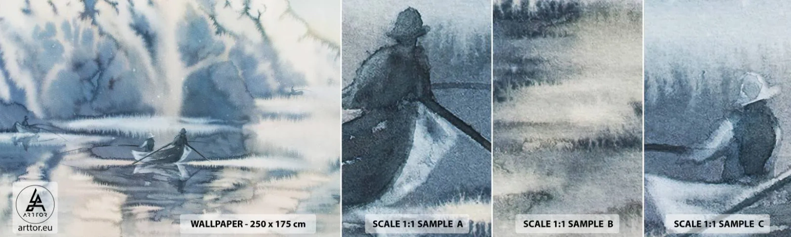 Muestra de fotomural autoadhesivo Deluxe Sticker - Pescadores en su paraíso - Abstracción, Lago, Pesca - 100x30 cm