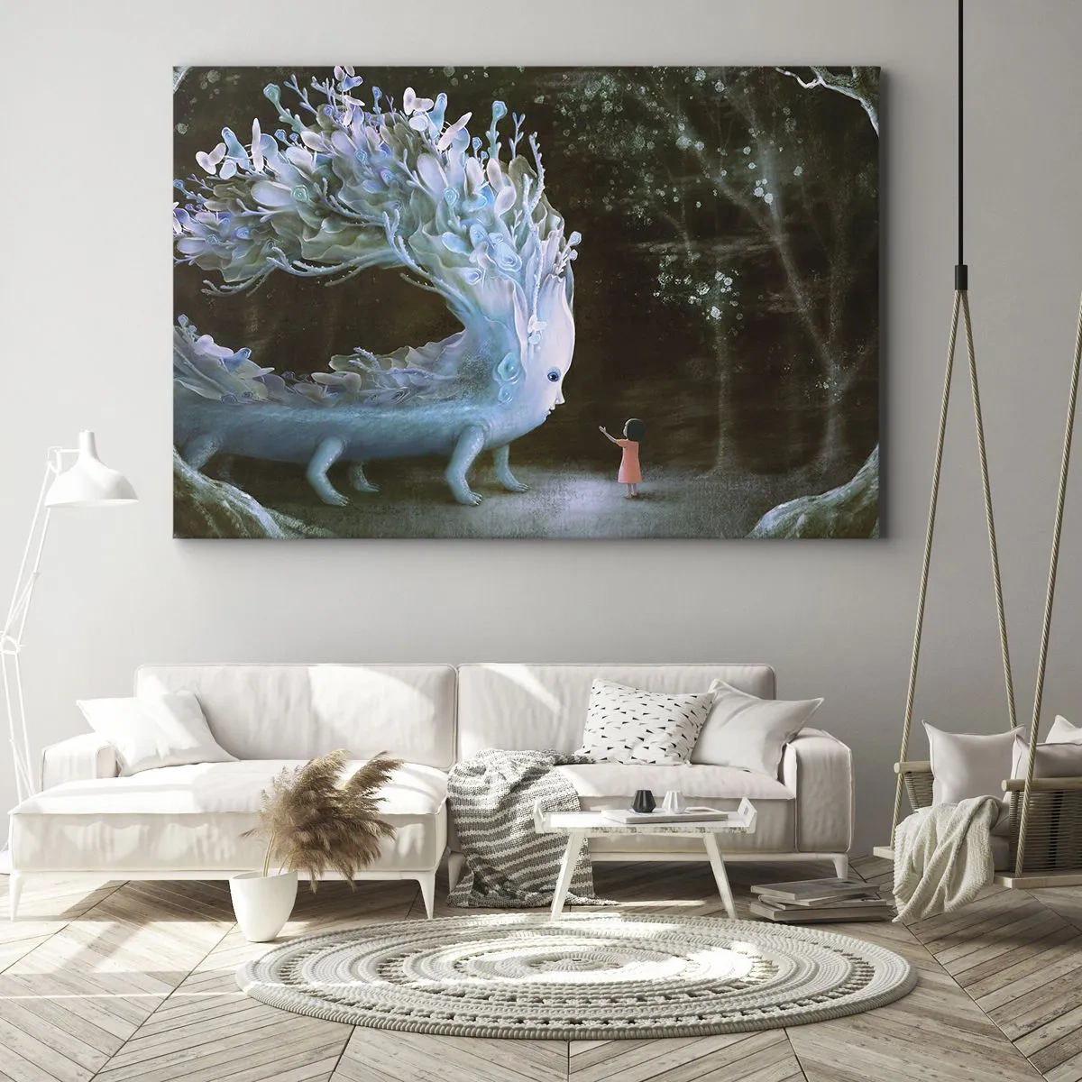 Cuadro sobre lienzo - Impresión de Imagen - La figura de una niña frente a una criatura fantástica. - 100x70cm - Una reunión fantástica - Decoración de pared moderna para salón y dormitorio ARTTOR