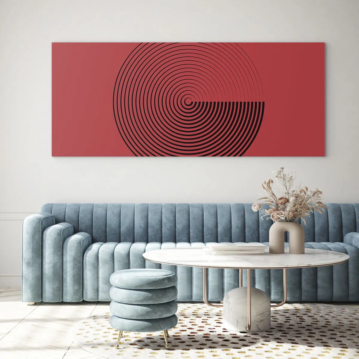 Cuadro sobre vidrio - Impresiones sobre Vidrio - Círculos concéntricos sobre fondo rojo - 120x50cm - Movimiento circular - Decoración de pared moderna para salón y dormitorio ARTTOR