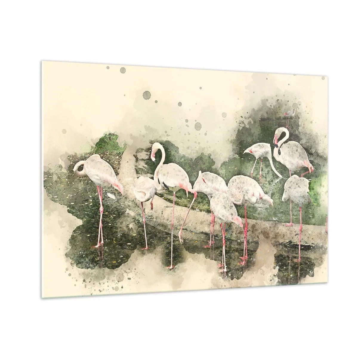 Cuadro sobre vidrio - Impresiones sobre Vidrio - Flamencos sobre el fondo de una composición de acuarela. - 100x70cm - Un sueño exótico - Decoración de pared moderna para salón y dormitorio ARTTOR