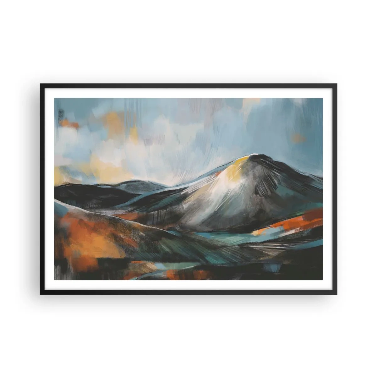 Póster en marco negro - Paisaje montañoso abstracto en tonos cálidos - 100x70cm - Crudo y bello - Decoración de pared moderna para salón y dormitorio ARTTOR