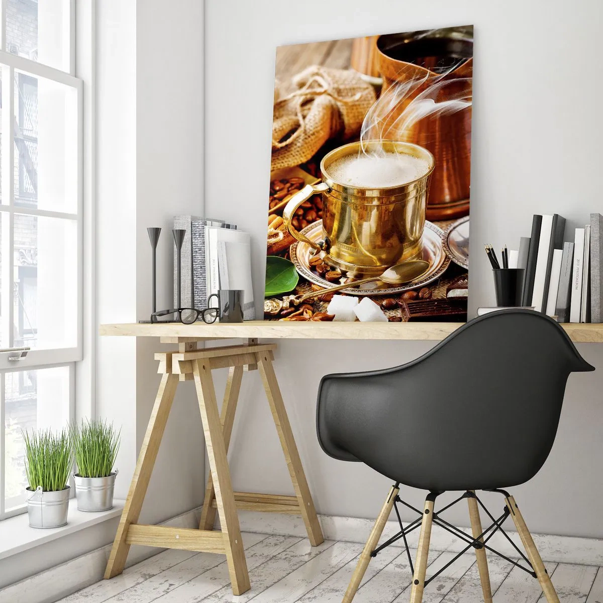 Cuadro sobre vidrio - Impresiones sobre Vidrio - Una taza dorada de café con leche rodeada de granos y croissants. - 50x70cm - Que tengas un buen día - Decoración de pared moderna para salón y dormitorio ARTTOR
