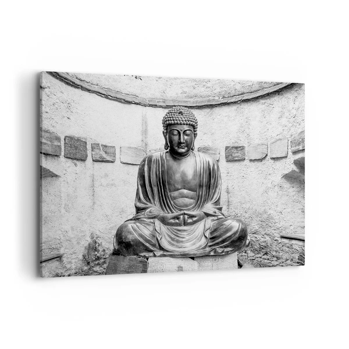 Cuadro sobre lienzo - Impresión de Imagen - Estatua de Buda en blanco y negro en pose meditativa. - 120x80cm - En la fuente de la paz - Decoración de pared moderna para salón y dormitorio ARTTOR