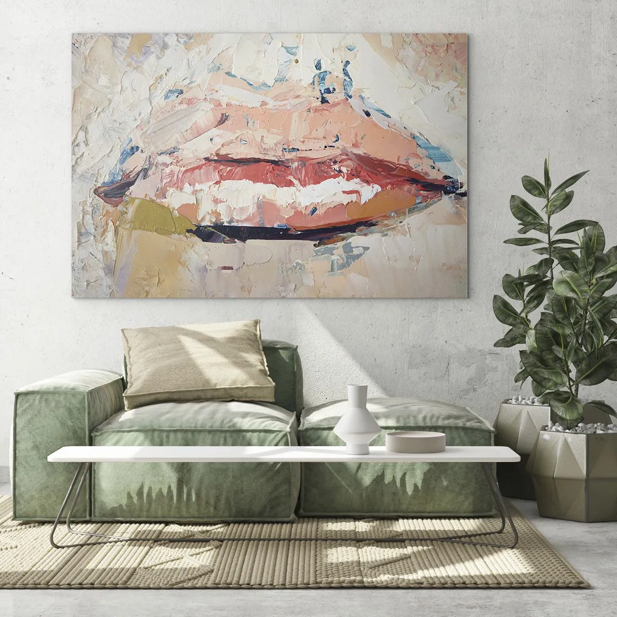 Cuadro sobre vidrio - Impresiones sobre Vidrio - Imagen abstracta de labios en una técnica de pintura expresiva. - 70x50cm - Despierta los sentidos - Decoración de pared moderna para salón y dormitorio ARTTOR