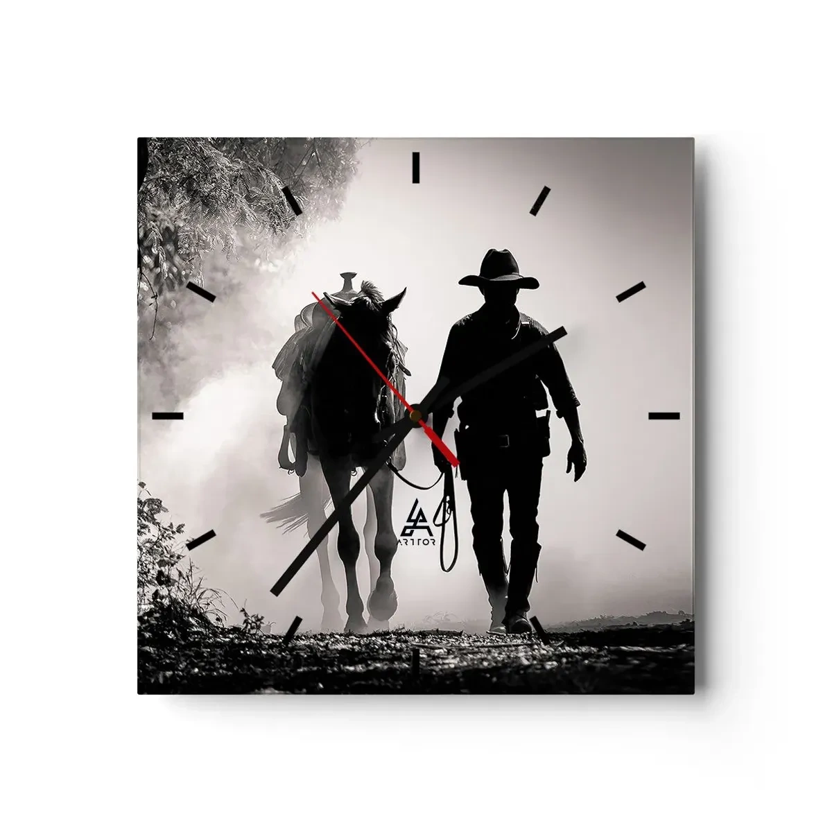 Reloj de pared - Reloj de vidrio - Vaquero con caballo en la niebla de la mañana - 30x30cm - La mañana de Texas - Decoración de pared moderna para salón y dormitorio ARTTOR