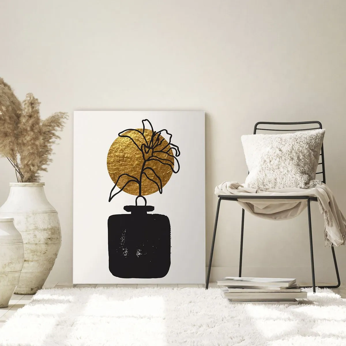 Cuadro sobre vidrio - Impresiones sobre Vidrio - Un dibujo de una flor en un jarrón sobre un fondo de círculo dorado. - 70x100cm - Belleza en equilibrio - Decoración de pared moderna para salón y dormitorio ARTTOR