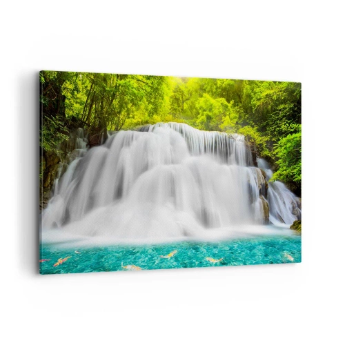 Cuadro sobre lienzo - Impresión de Imagen - Una cascada en un bosque tropical con agua turquesa. - 120x80cm - Cascada espumosa, de verde a azul - Decoración de pared moderna para salón y dormitorio ARTTOR