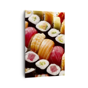 Cuadro sobre lienzo - Impresión de Imagen - Sushi colorido dispuesto en filas con diversos ingredientes. - 80x120cm - Colores y sabores de Asia - Decoración de pared moderna para salón y dormitorio ARTTOR