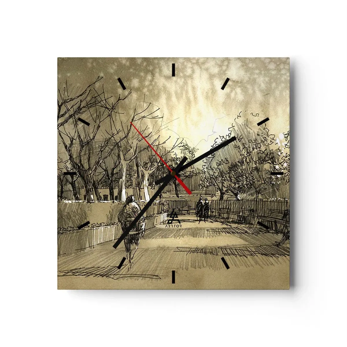 Reloj de pared - Reloj de vidrio - Una escena de dibujos animados de un parque con gente caminando en tonos cálidos. - 30x30cm - Un momento hecho a pluma - Decoración de pared moderna para salón y dormitorio ARTTOR