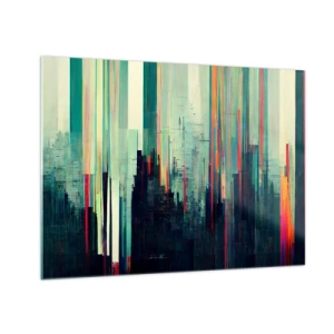 Cuadro sobre vidrio - Impresiones sobre Vidrio - Las líneas de colores verticales forman el contorno de una metrópolis futurista. - 70x50cm - Ciudad futurista - Decoración de pared moderna para salón y dormitorio ARTTOR