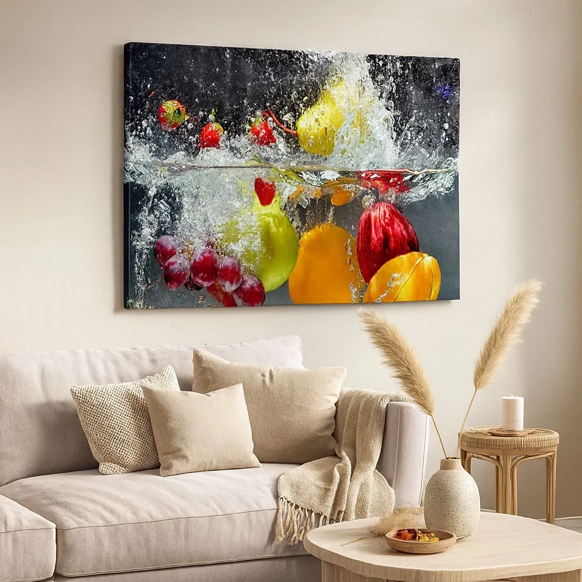Cuadro sobre lienzo - Impresión de Imagen - Frutas coloridas en el agua durante la inmersión dinámica. - 70x50cm - Refresco afrutado - Decoración de pared moderna para salón y dormitorio ARTTOR