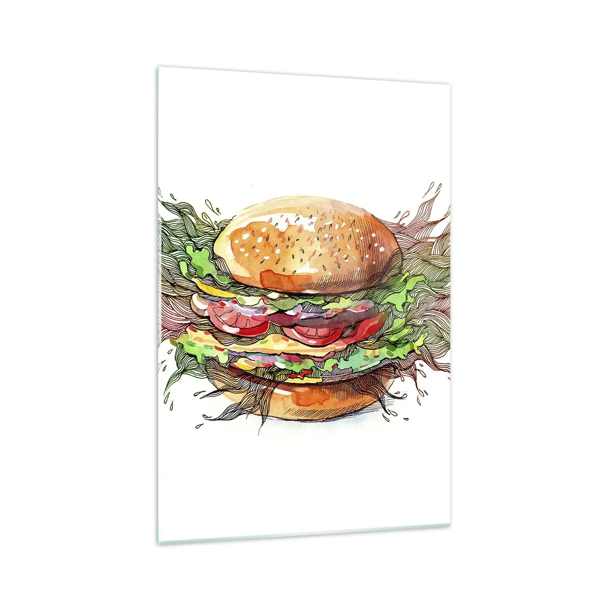 Cuadro sobre vidrio - Impresiones sobre Vidrio - Ilustración artística de una hamburguesa con elementos dinámicos. - 70x100cm - Tentación irresistible - Decoración de pared moderna para salón y dormitorio ARTTOR