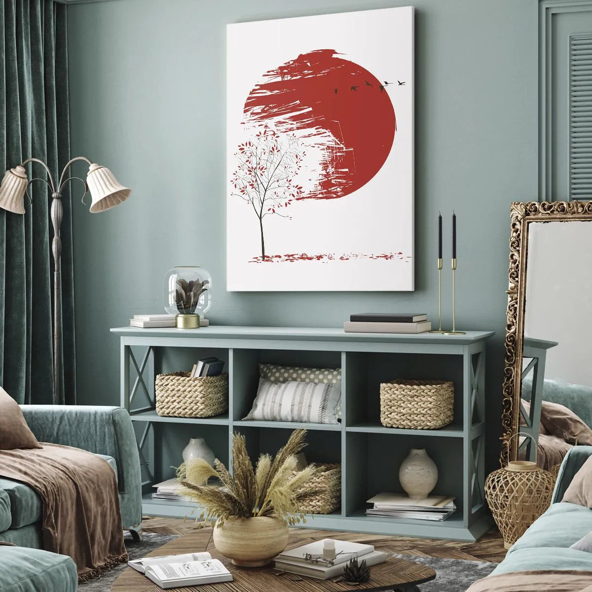 Cuadro sobre lienzo - Impresión de Imagen - Círculo rojo y árbol de estilo japonés. - 50x70cm - ¿Conoces este país? - Decoración de pared moderna para salón y dormitorio ARTTOR