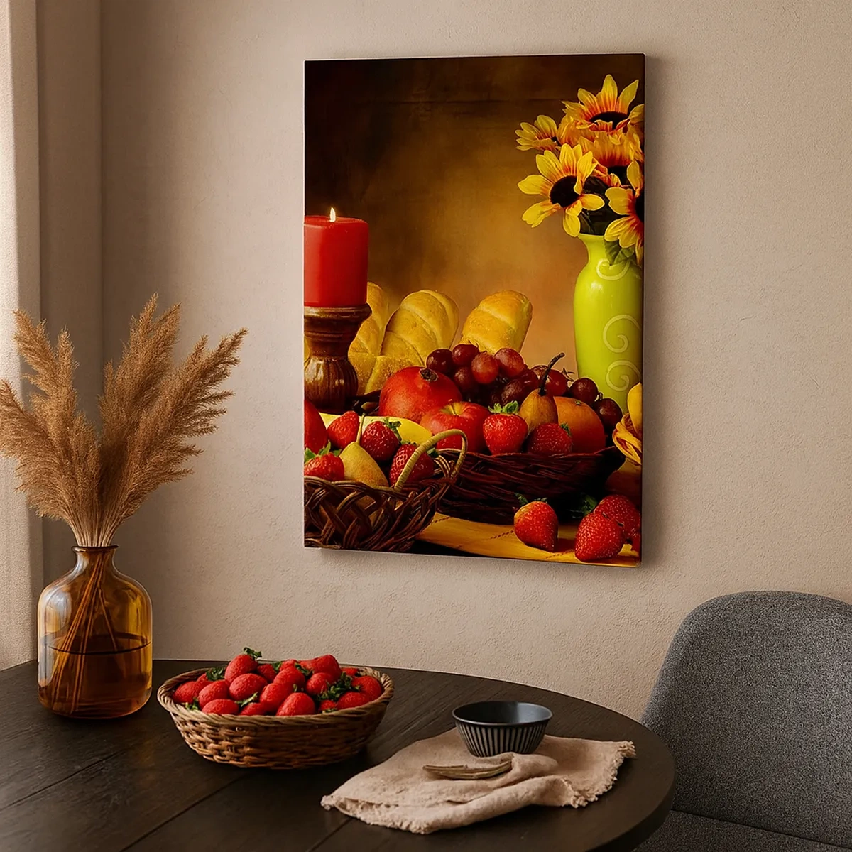 Cuadro sobre lienzo - Impresión de Imagen - Bodegón con fruta, pan, vela y flores. - 50x70cm - Bodegón con pan y fruta - Decoración de pared moderna para salón y dormitorio ARTTOR