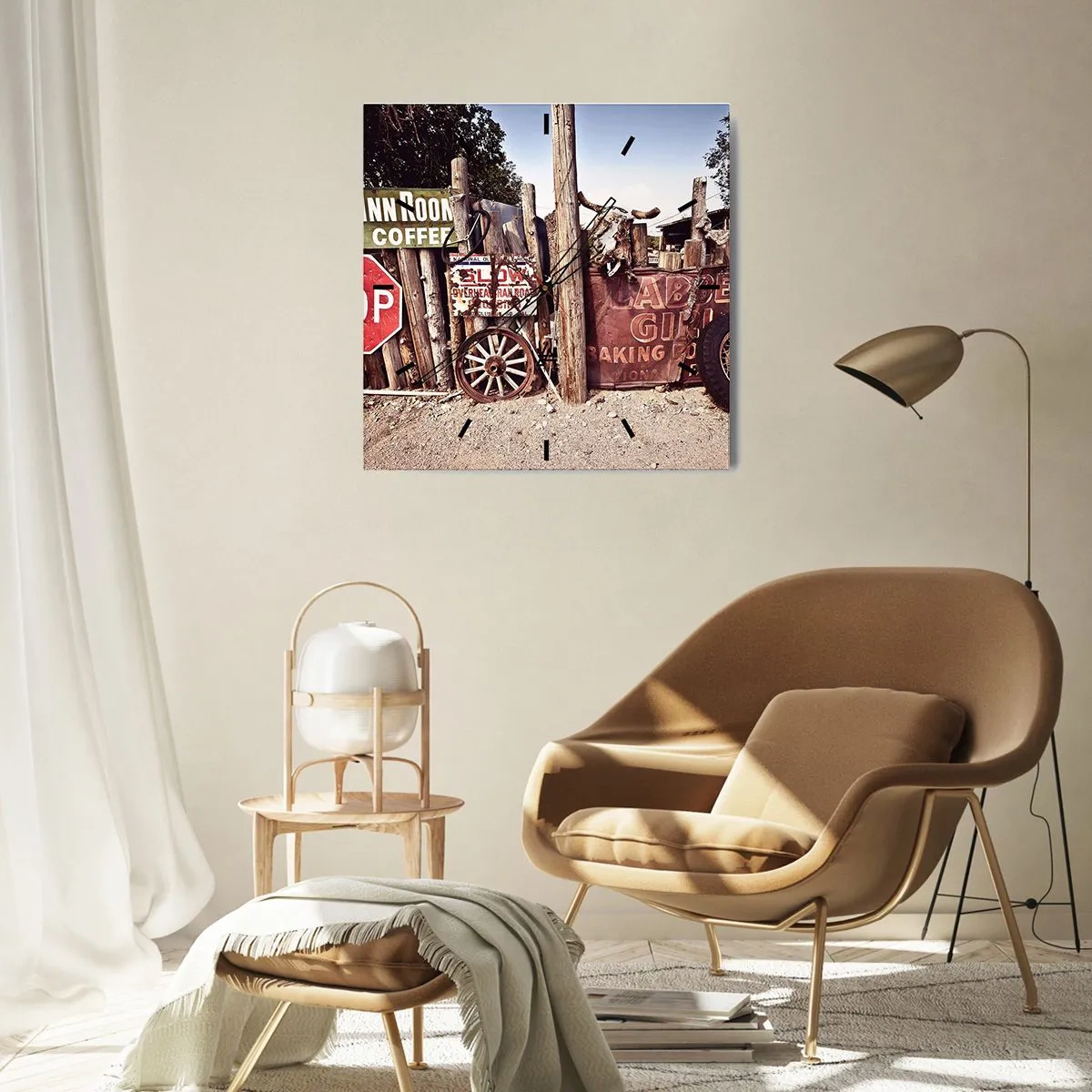 Reloj de pared - Reloj de vidrio - Decoraciones rústicas con letreros y una rueda en la valla. - 30x30cm - Y el tiempo se detuvo - Decoración de pared moderna para salón y dormitorio ARTTOR