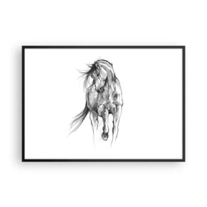 Póster en marco negro - Boceto en blanco y negro de un caballo al galope - 100x70cm - En un elegante trote - Decoración de pared moderna para salón y dormitorio ARTTOR