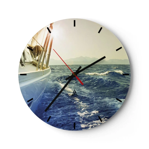 Reloj de pared - Reloj de vidrio - Un velero en un mar tranquilo con vistas a las montañas. - 30x30cm - Para una aventura - Decoración de pared moderna para salón, cocina y dormitorio ARTTOR