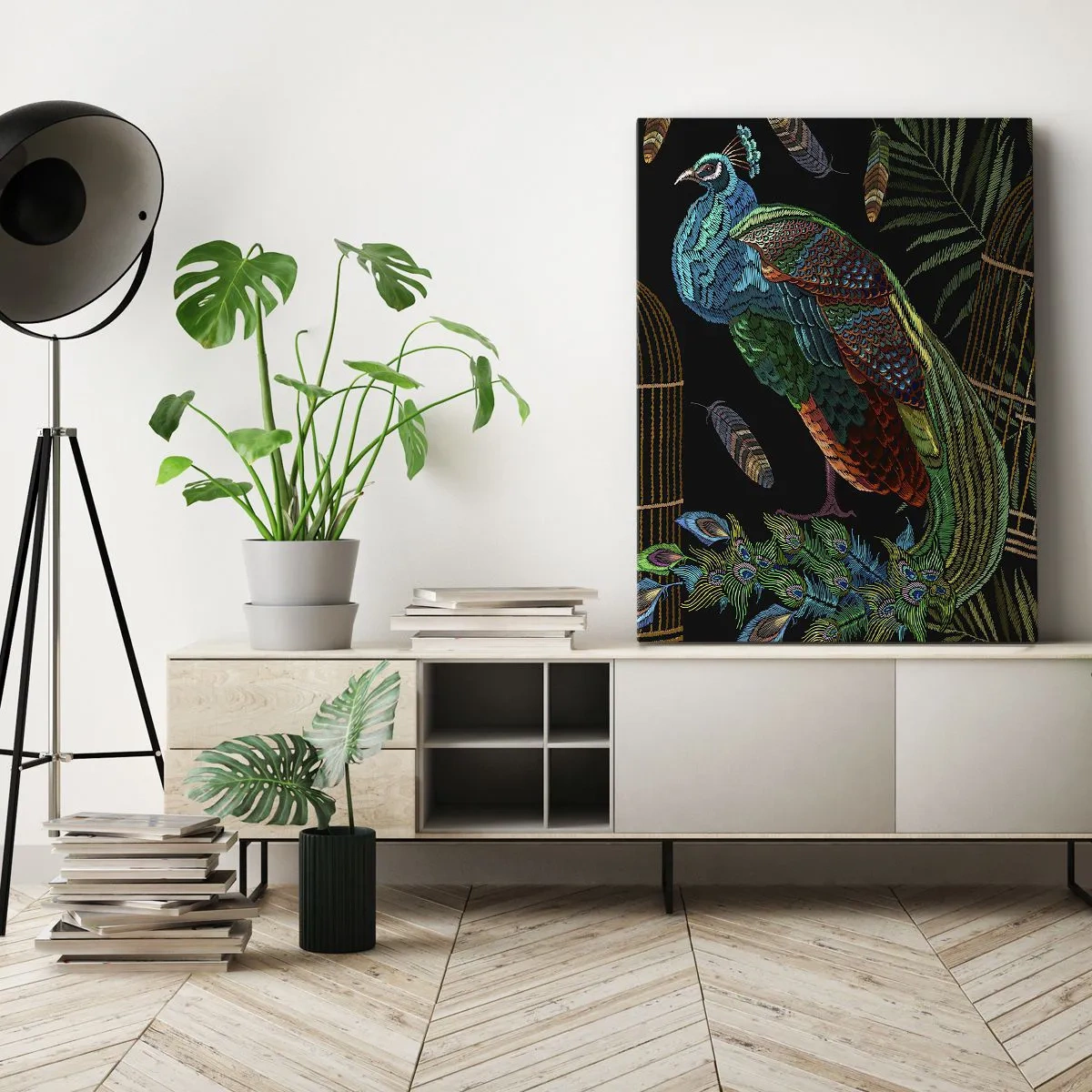 Cuadro sobre lienzo - Impresión de Imagen - Pavos reales junto a una jaula dorada sobre un fondo negro - 70x100cm - Con plumajes reales - Decoración de pared moderna para salón y dormitorio ARTTOR