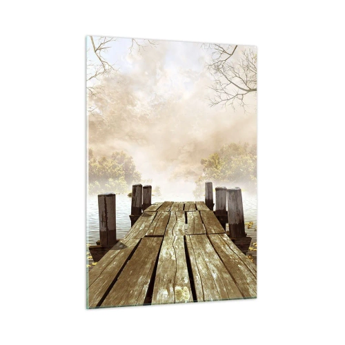 Cuadro sobre vidrio - Impresiones sobre Vidrio - Un embarcadero de madera sobre un lago tranquilo en la niebla. - 50x70cm - La leve tristeza del otoño - Decoración de pared moderna para salón y dormitorio ARTTOR