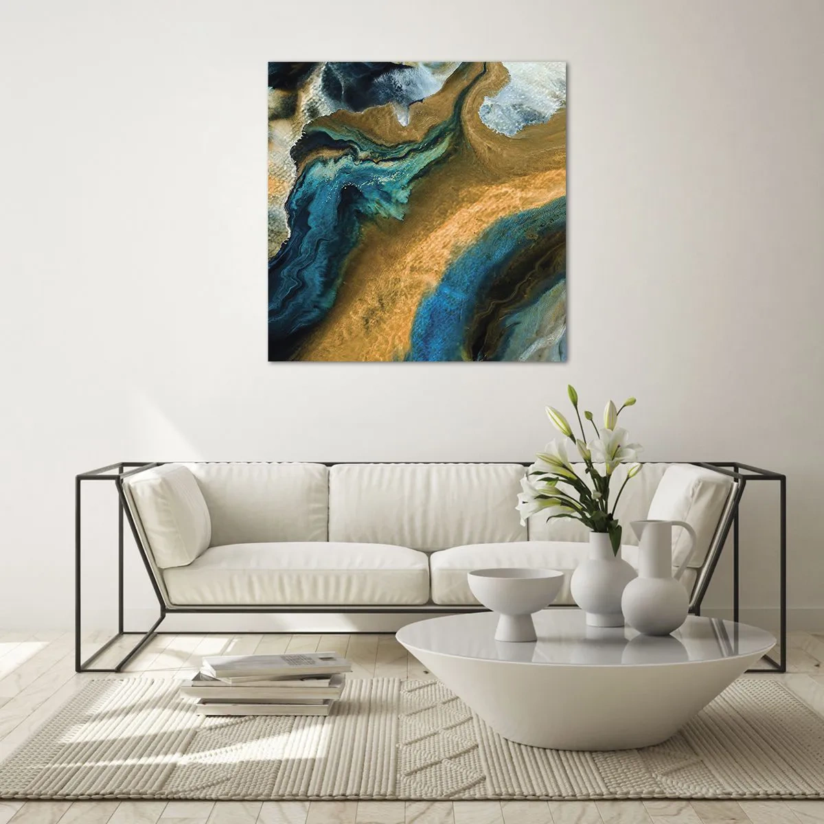 Cuadro sobre vidrio - Impresiones sobre Vidrio - Azul - amarillo - influencia mutua - 30x30 cm