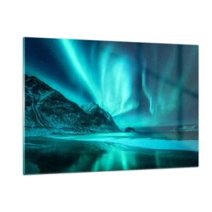 Cuadro sobre vidrio - Impresiones sobre Vidrio - Aurora boreal sobre un paisaje montañoso y un mar helado - 120x80cm - Maravillas del norte - Decoración de pared moderna para salón y dormitorio ARTTOR
