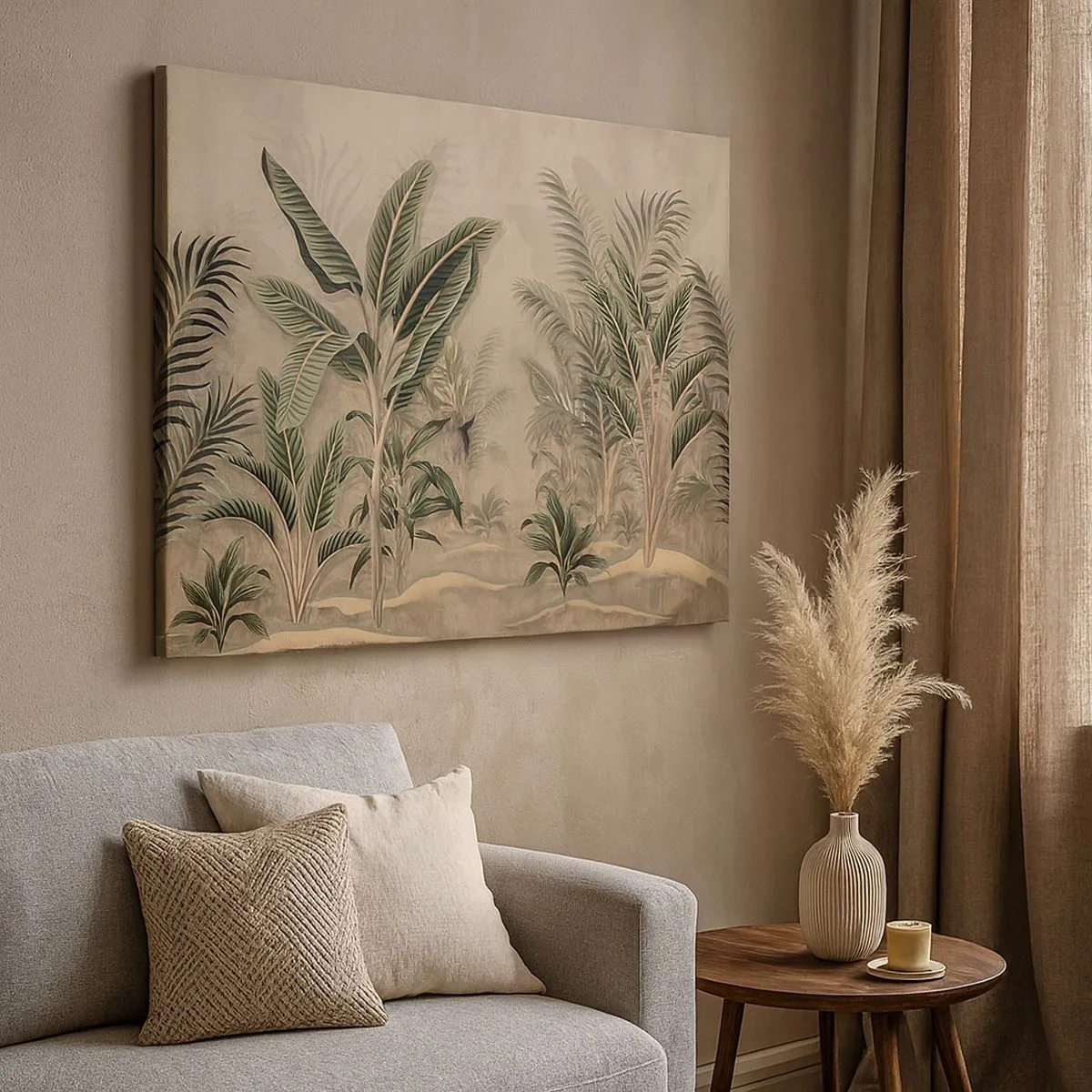 Cuadro sobre lienzo - Impresión de Imagen - Palmeras y vegetación tropical en tonos verdes sobre fondo beige. - 70x50cm - Grabados de estilo colonial - Decoración de pared moderna para salón y dormitorio ARTTOR