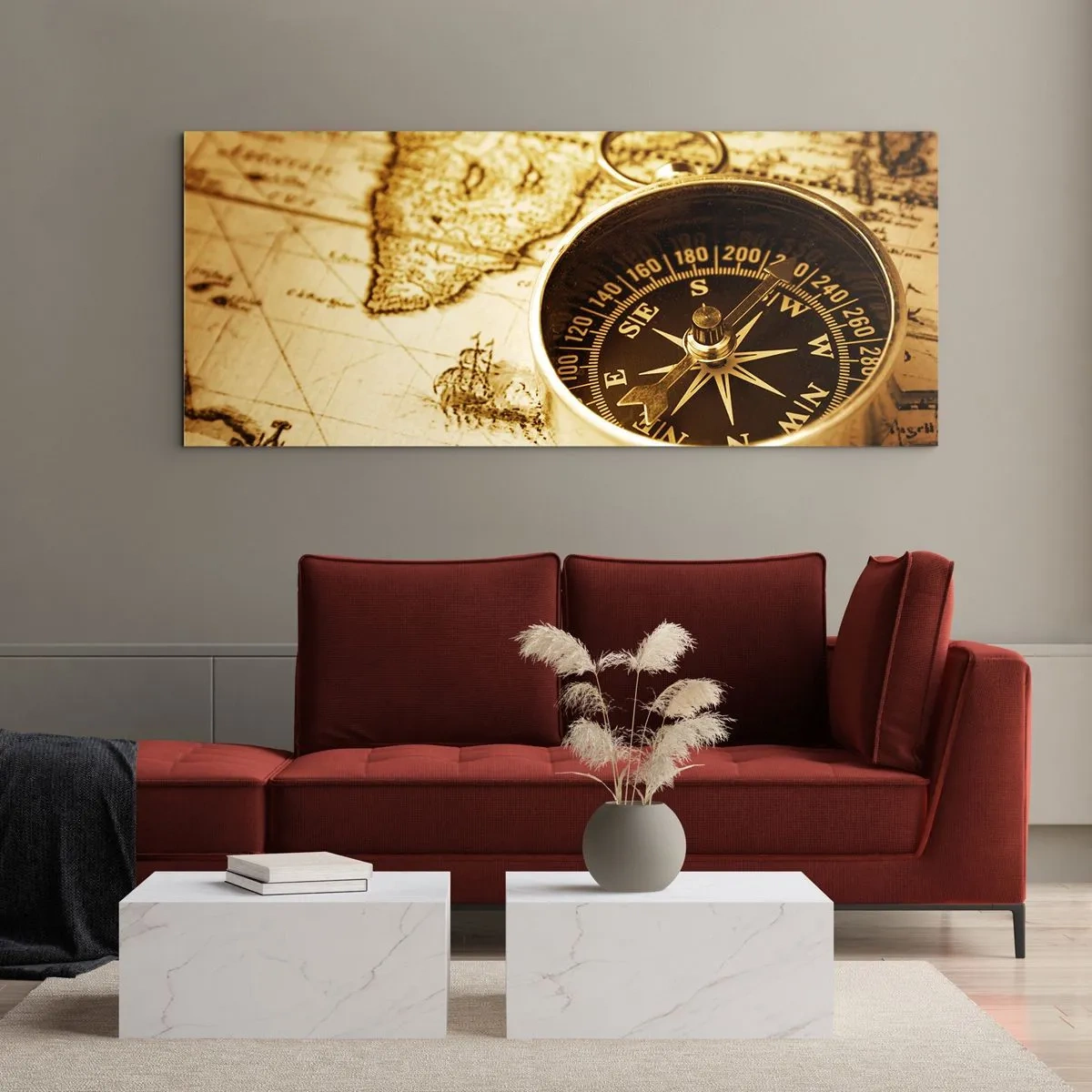 Cuadro sobre vidrio - Impresiones sobre Vidrio - Una brújula antigua sobre el fondo de un mapa del viejo mundo. - 160x50cm - ¿Este u Oeste? - Decoración de pared moderna para salón y dormitorio ARTTOR