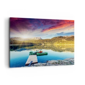Cuadro sobre lienzo - Impresión de Imagen - Puesta de sol sobre el lago con barcos en el muelle - 100x70cm - Sobre el agua tan suave como un espejo - Decoración de pared moderna para salón y dormitorio ARTTOR