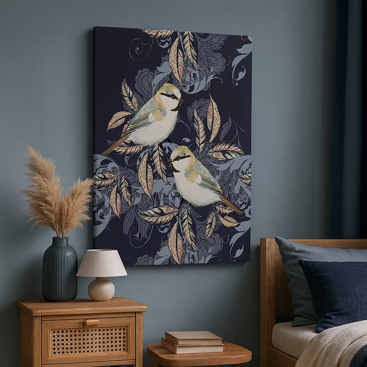 Cuadro sobre lienzo - Impresión de Imagen - Pájaros en ramas sobre un fondo ornamental. - 50x70cm - En la copa del árbol - Decoración de pared moderna para salón y dormitorio ARTTOR
