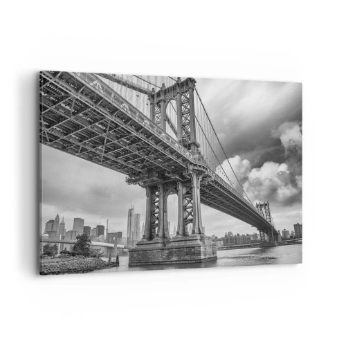 Cuadro sobre lienzo - Impresión de Imagen - Un puente en blanco y negro con vista a la ciudad. - 120x80cm - Al corazón de la ciudad - Decoración de pared moderna para salón y dormitorio ARTTOR