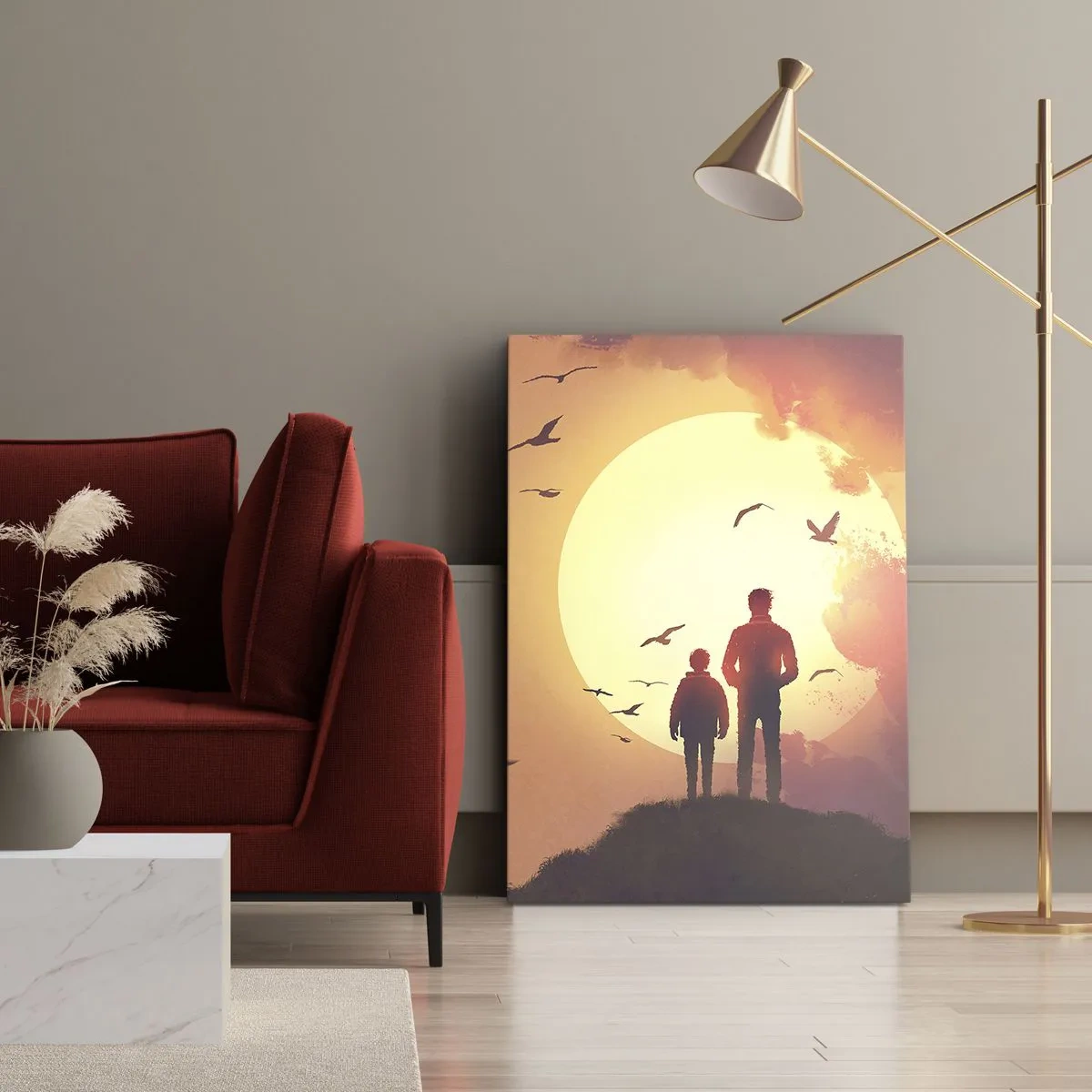 Cuadro sobre lienzo - Impresión de Imagen - Figuras con el sol poniente como telón de fondo - 70x100cm - Cara a cara con el sol - Decoración de pared moderna para salón y dormitorio ARTTOR