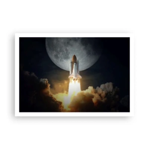 Póster - Un cohete despegando con el telón de fondo de una luna llena rodeada de nubes dinámicas. - 100x70cm - El comienzo de una aventura sobrenatural - Decoración de pared moderna para salón y dormitorio ARTTOR