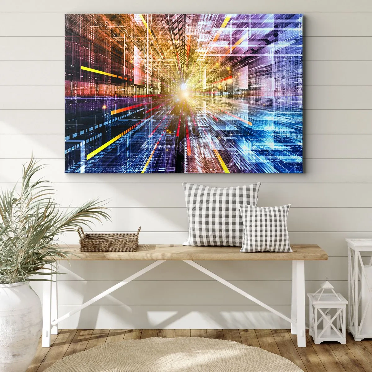 Cuadro sobre lienzo - Impresión de Imagen - Luces dinámicas en un pasillo futurista - 100x70cm - Un pasillo luminoso - Decoración de pared moderna para salón y dormitorio ARTTOR