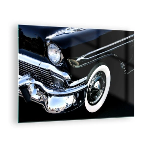 Cuadro sobre vidrio - Impresiones sobre Vidrio - Primer plano de un coche negro antiguo con detalles cromados. - 70x50cm - Clásicos en plata, negro y blanco - Decoración de pared moderna para salón y dormitorio ARTTOR