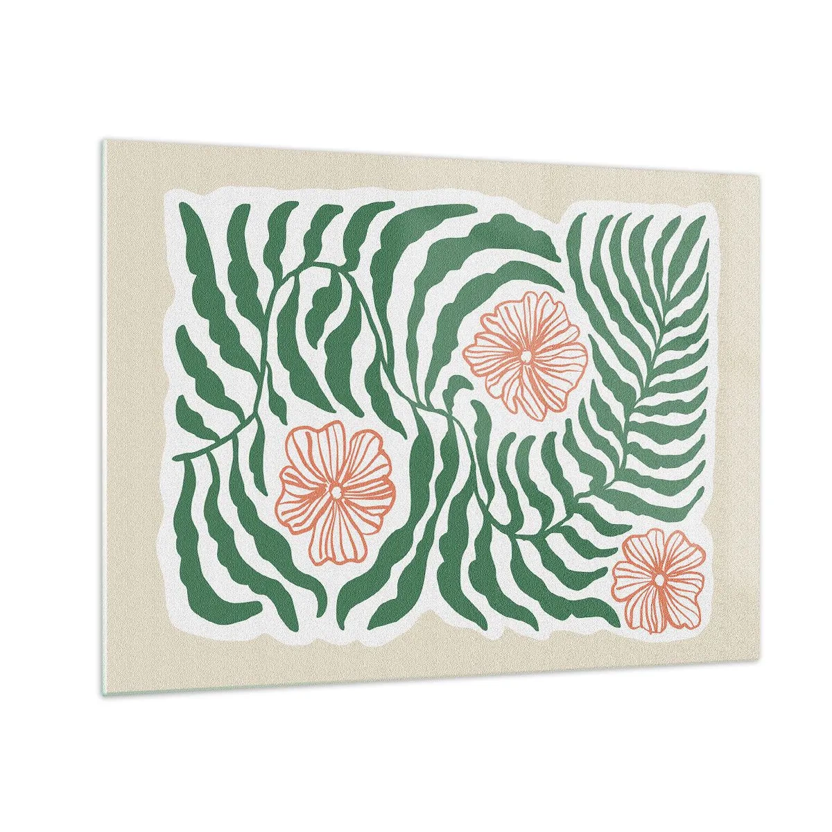 Cuadro sobre vidrio - Impresiones sobre Vidrio - Hojas verdes y flores rojas en un arreglo gráfico. - 70x50cm - Florecido en verde - Decoración de pared moderna para salón y dormitorio ARTTOR