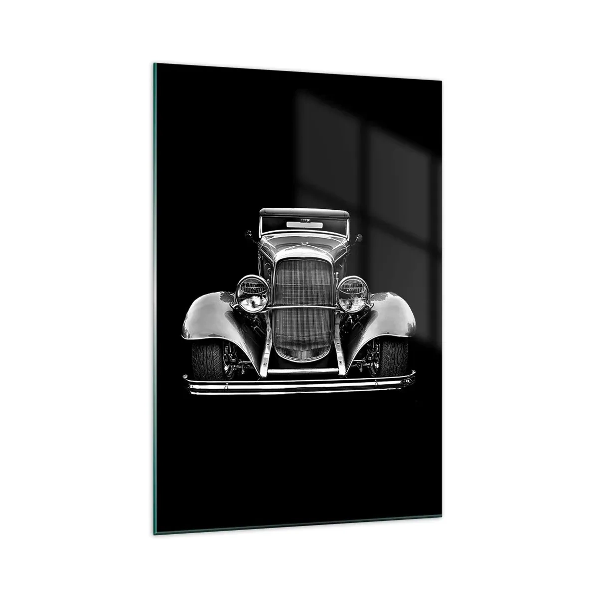Cuadro sobre vidrio - Impresiones sobre Vidrio - Un coche clásico en blanco y negro. - 70x100cm - Un verdadero caballero - Decoración de pared moderna para salón y dormitorio ARTTOR