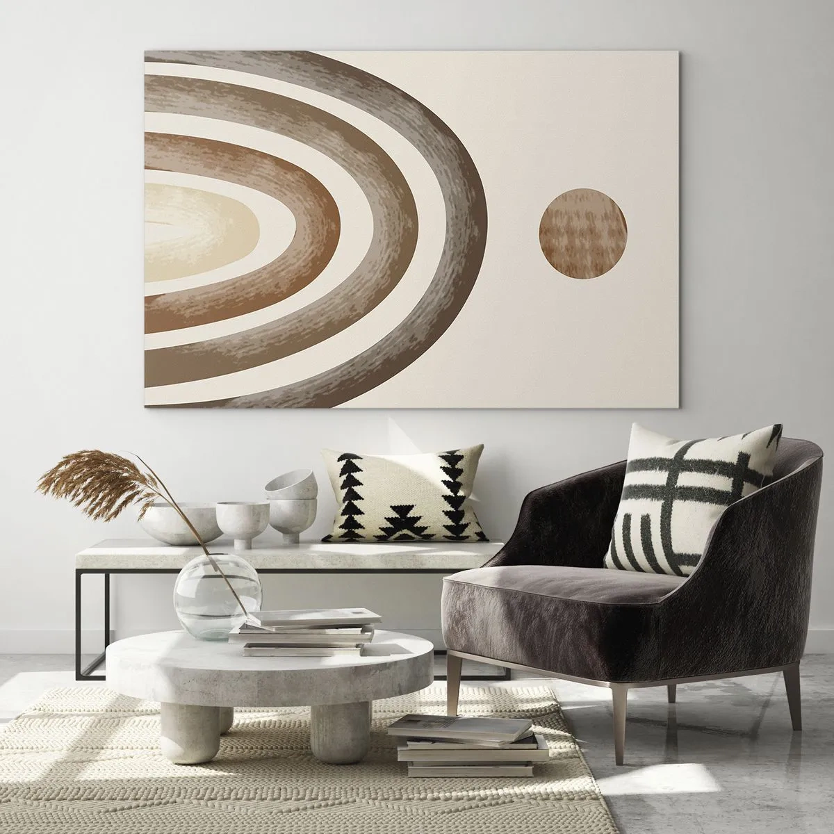 Cuadro sobre vidrio - Impresiones sobre Vidrio - Rayas y círculos abstractos en tonos marrones - 100x70cm - En otro mundo - Decoración de pared moderna para salón y dormitorio ARTTOR