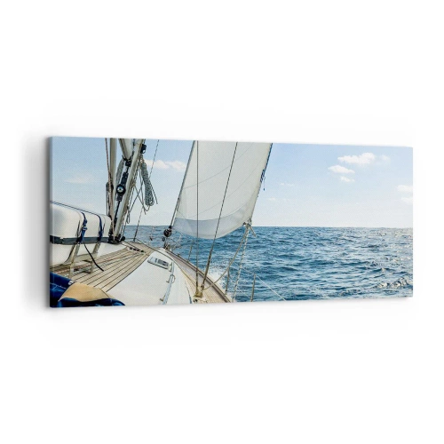 Cuadro sobre lienzo - Impresión de Imagen - Un velero en un mar tranquilo bajo un cielo azul. - 120x50cm - Ahoy, a la aventura - Decoración de pared moderna para salón y dormitorio ARTTOR