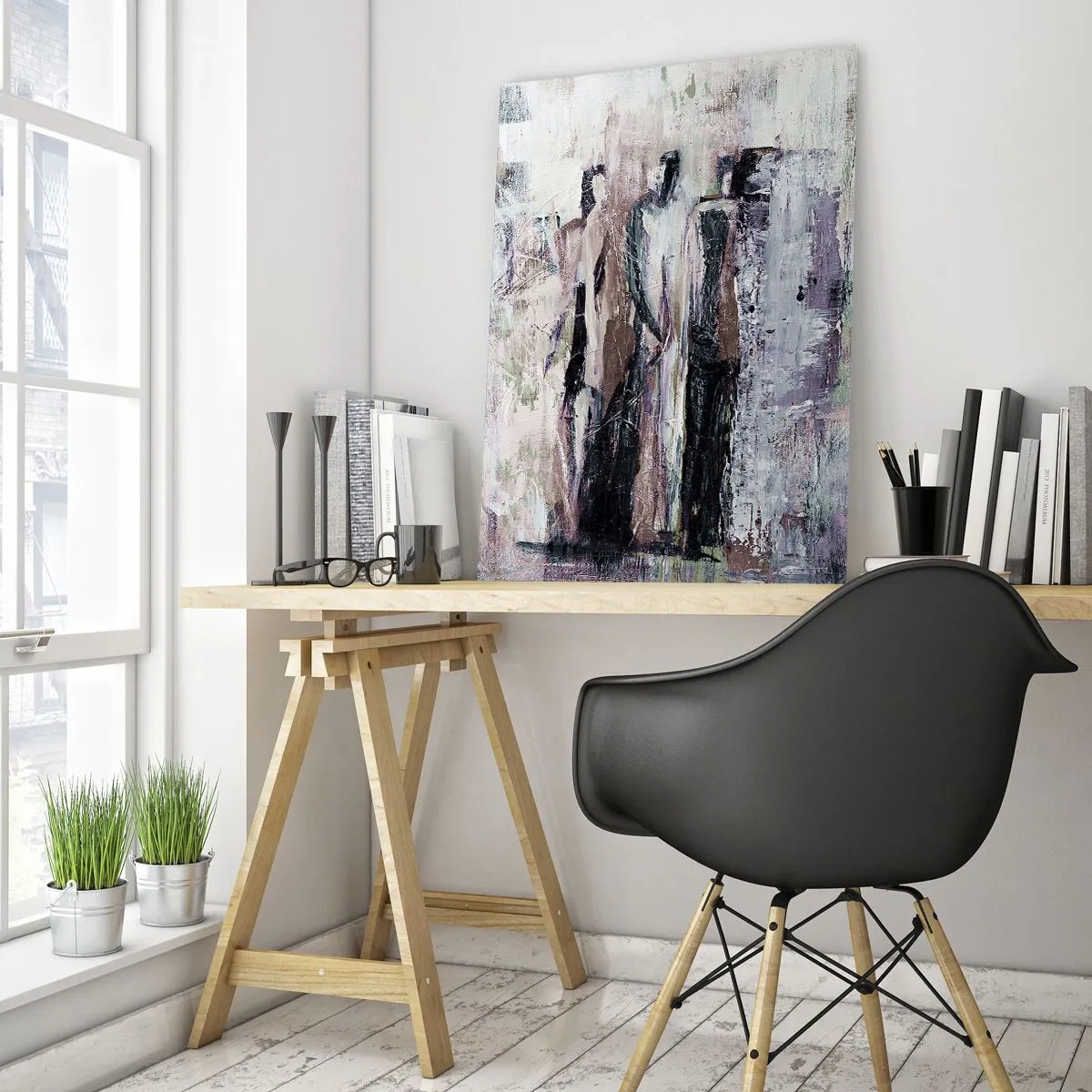 Cuadro sobre vidrio - Impresiones sobre Vidrio - Siluetas abstractas de figuras sobre un fondo de pintura texturizada - 50x70cm - El trío misterioso - Decoración de pared moderna para salón y dormitorio ARTTOR