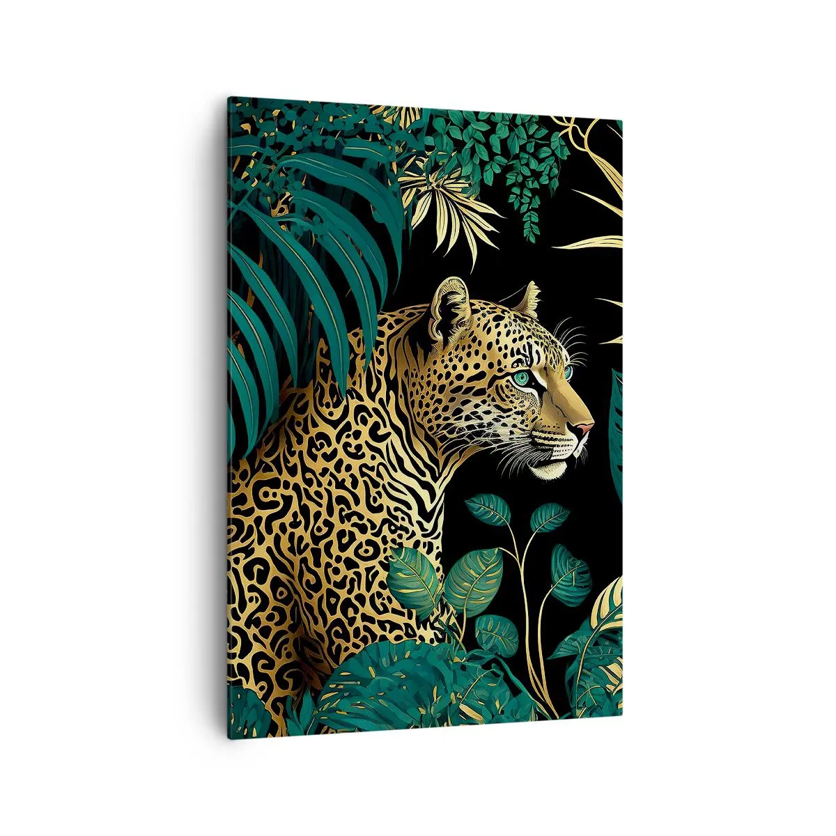 Cuadro sobre lienzo - Impresión de Imagen - Leopardo en hojas tropicales sobre un fondo negro - 70x100cm - El anfitrión en la jungla - Decoración de pared moderna para salón y dormitorio ARTTOR