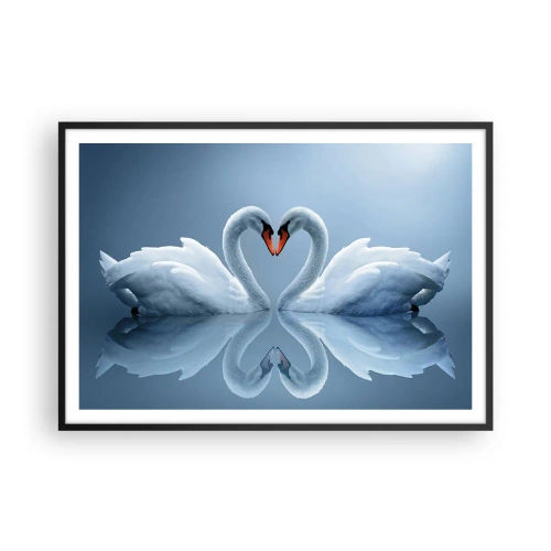Póster en marco negro - Dos cisnes formando un corazón en una superficie tranquila del agua. - 100x70cm - Tiempo de amor - Decoración de pared moderna para salón y dormitorio ARTTOR