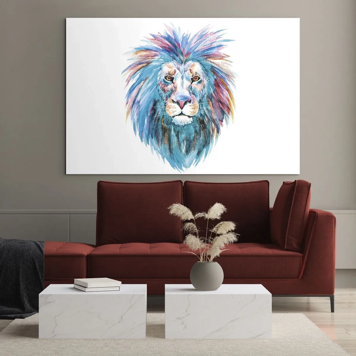 Cuadro sobre vidrio - Impresiones sobre Vidrio - Retrato colorido de un león en estilo artístico. - 120x80cm - Aura electrizante - Decoración de pared moderna para salón y dormitorio ARTTOR