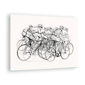 Cuadro sobre vidrio - Impresiones sobre Vidrio - Boceto de un grupo de ciclistas durante una carrera contra un fondo blanco. - 70x50cm - Juntos como un equipo - Decoración de pared moderna para salón y dormitorio ARTTOR