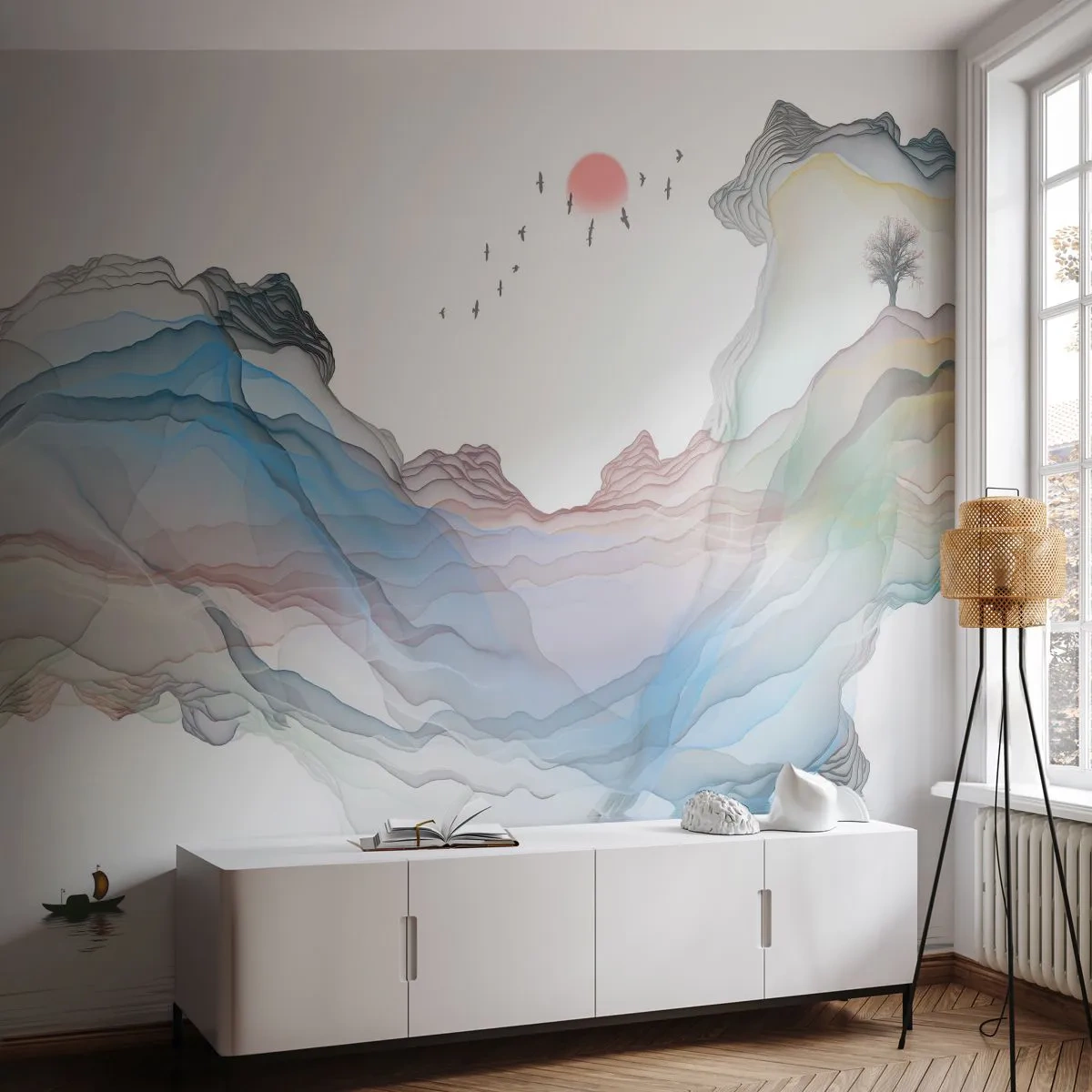 Fotomural Premium Canvas - Un paisaje sutil con montañas, agua y un barco. - 100x70cm - Hacia las montañas de cristal - Decoración de pared moderna para salón y dormitorio ARTTOR