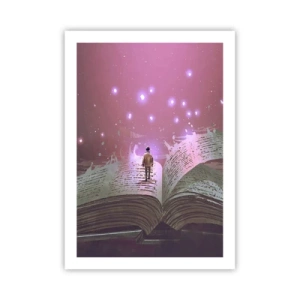 Póster - Una figura en un entorno mágico de pie sobre un libro abierto. - 50x70cm - Una invitación a otro mundo - Decoración de pared moderna para salón y dormitorio ARTTOR