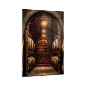 Cuadro sobre vidrio - Impresiones sobre Vidrio - Bodega con barriles de madera y estantes para vinos. - 70x100cm - Sótano atmosférico - Decoración de pared moderna para salón y dormitorio ARTTOR