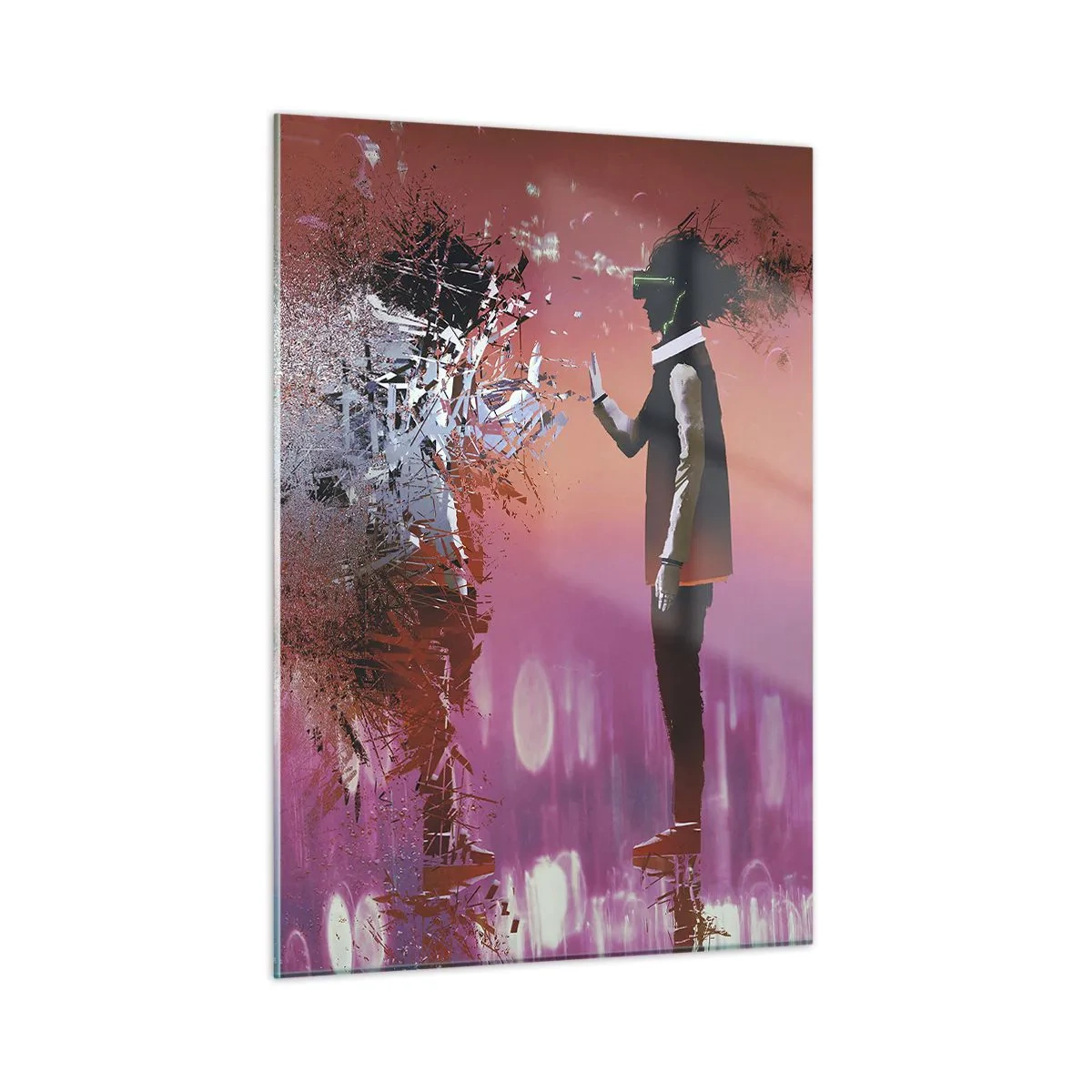 Cuadro sobre vidrio - Impresiones sobre Vidrio - Un personaje en realidad virtual con una sombra dispersa. - 50x70cm - ¿Es posible mirar dentro de uno mismo? - Decoración de pared moderna para salón y dormitorio ARTTOR