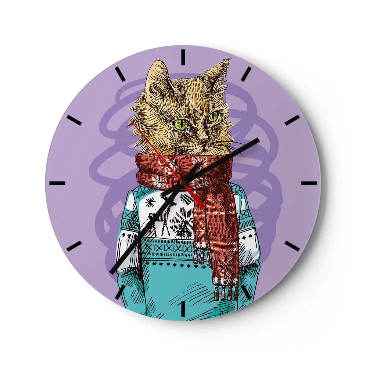 Reloj de pared - Reloj de vidrio - Un gato con un traje de invierno y una bufanda sobre un fondo morado. - 30x30cm - El gato no solo tenía botas - Decoración de pared moderna para salón, cocina y dormitorio ARTTOR