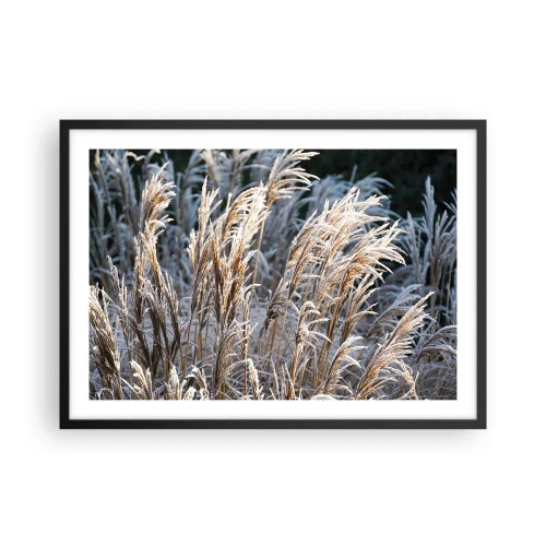 Póster en marco negro - Hojas de hierba invernales cubiertas de escarcha sobre un fondo verde oscuro - 70x50cm - Campos y campos - Decoración de pared moderna para salón y dormitorio ARTTOR